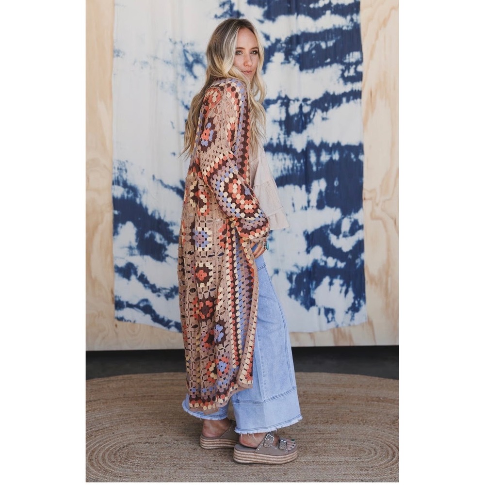 Three Bird Nest Crochet Granny Square Duster Cardigan L/XL Multi Boho New - Picture 8 of 11